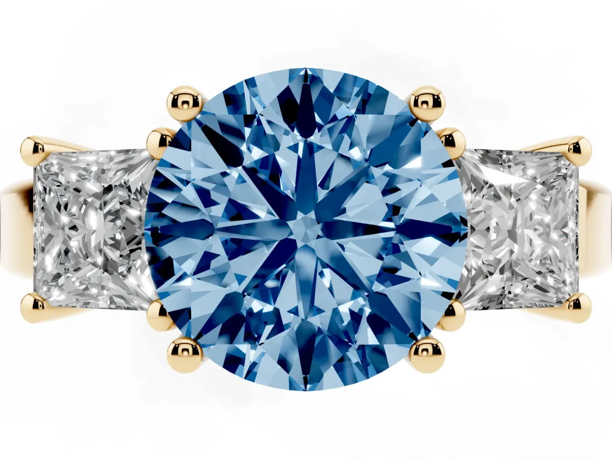 Fancy Blue Three-Stone Round Cut Cut Solitaire Ring with Prong Setting Yellow gold