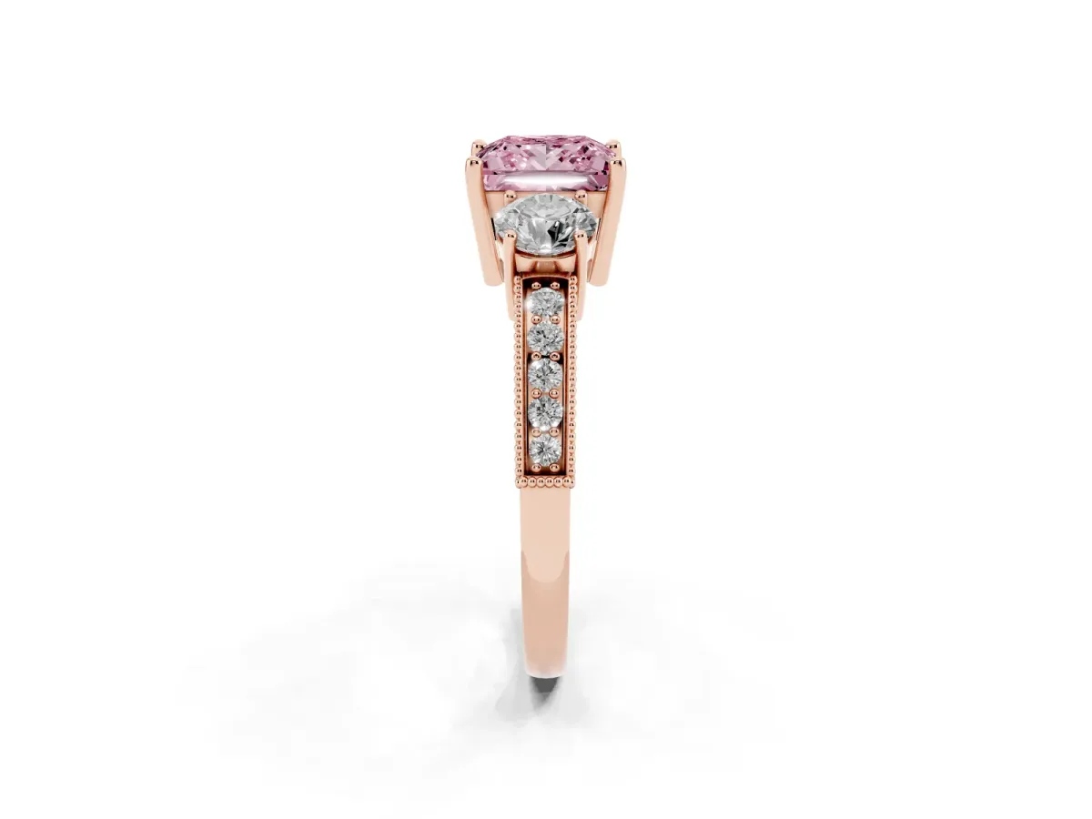 Fancy Pink Princess Cut Three-Stone Diamond Ring with Pavé Band and Four-Prong Setting Rose gold