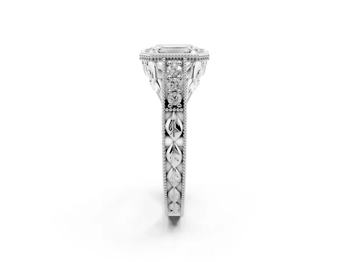 Bezel Set Emerald Cut Diamond Milgrain Pave Engagement Ring Silver