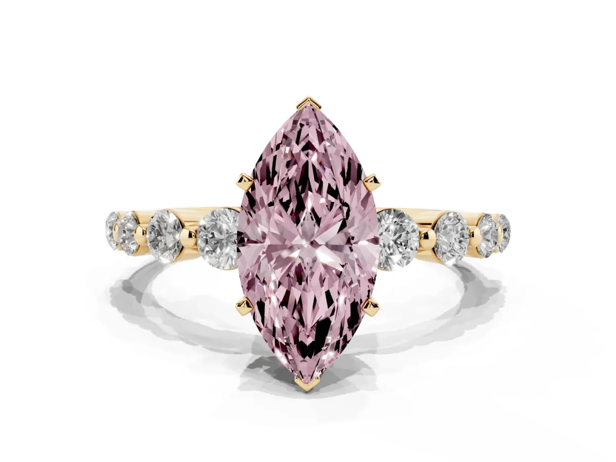Fancy Pink Marquise Cut Solitaire Diamond Ring with Pave Band and Four-Prong Setting Yellow gold