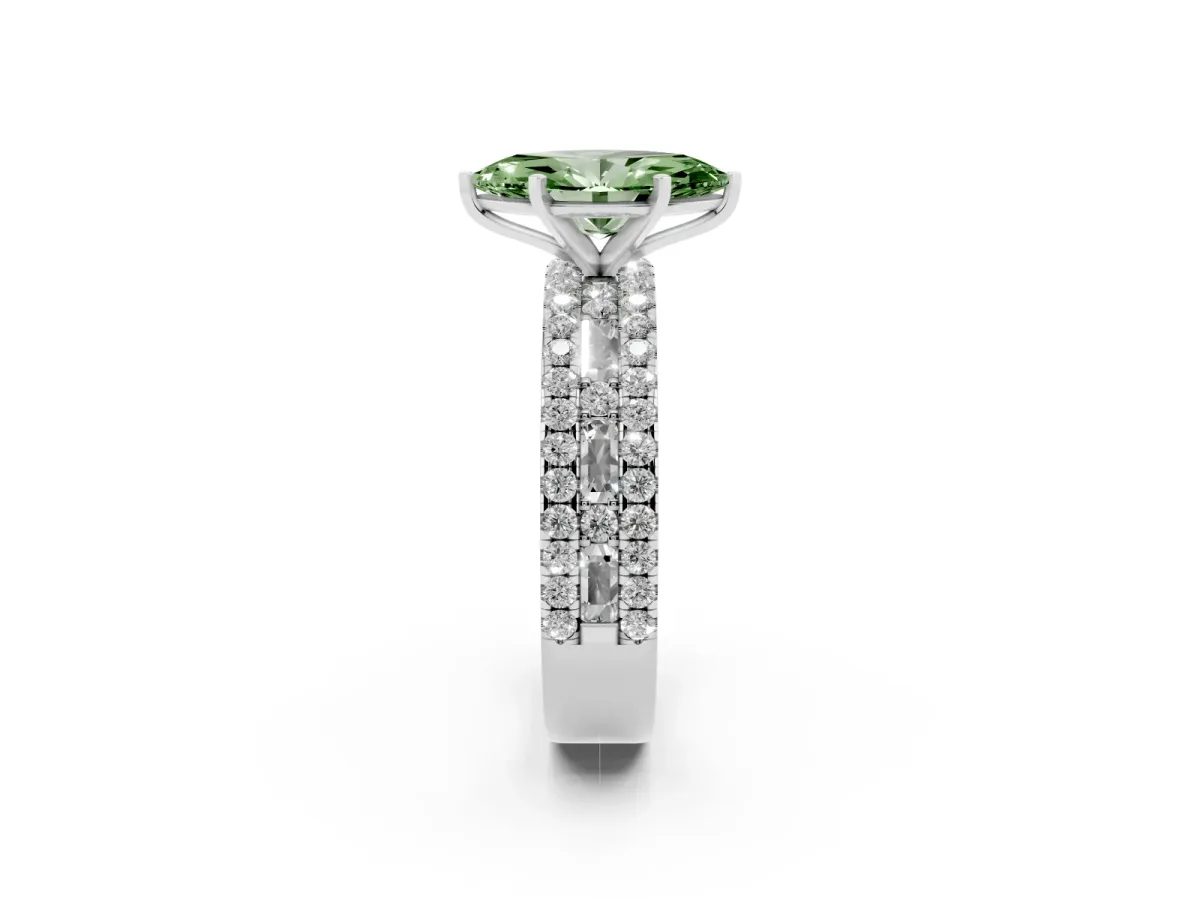 Fancy Green Marquise Cut Diamond Solitaire Ring with Pavé and Channel Set Band Platinum