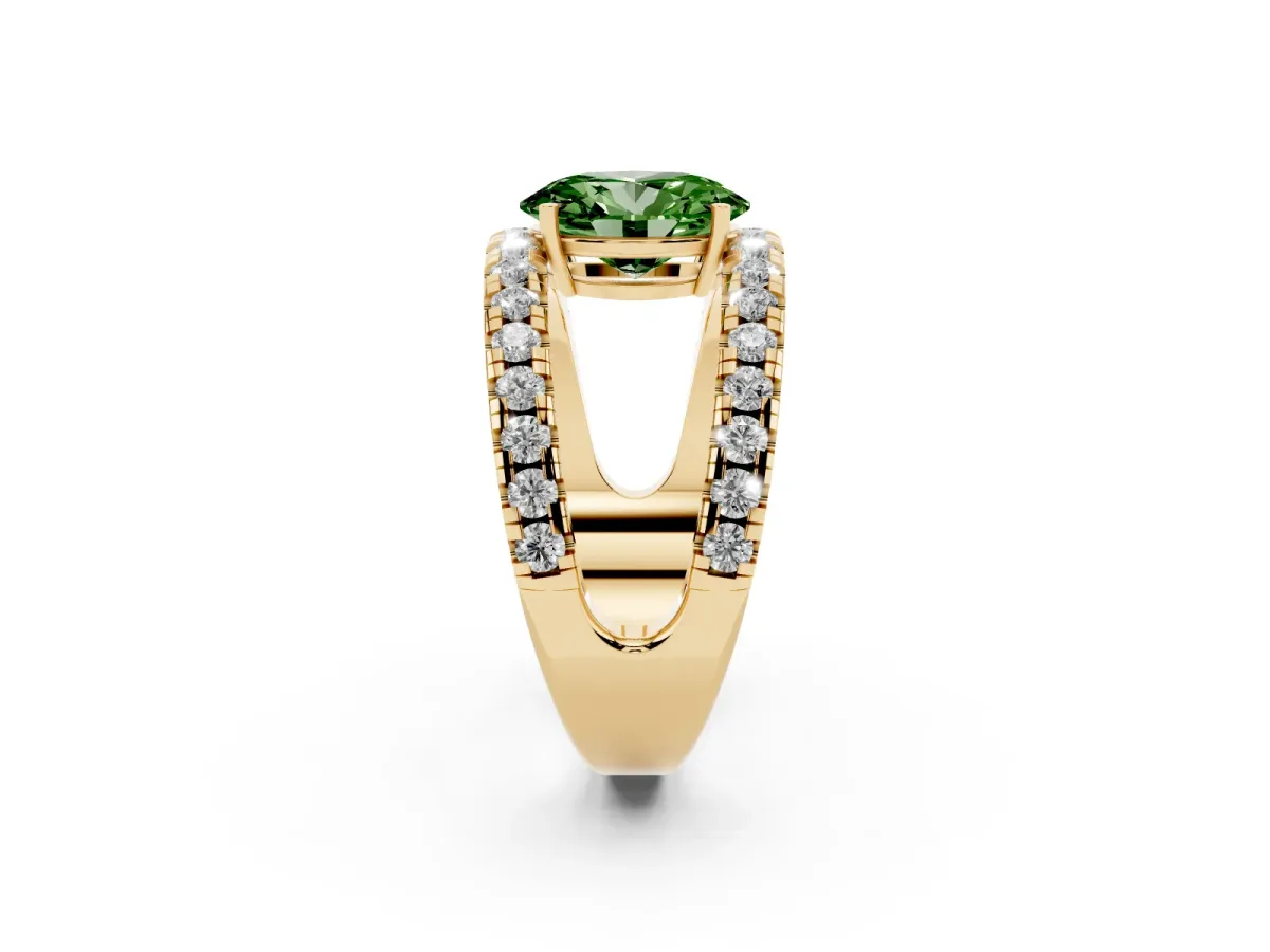 Fancy Green Oval Cut Solitaire Split Shank Pave Diamond Ring Yellow gold