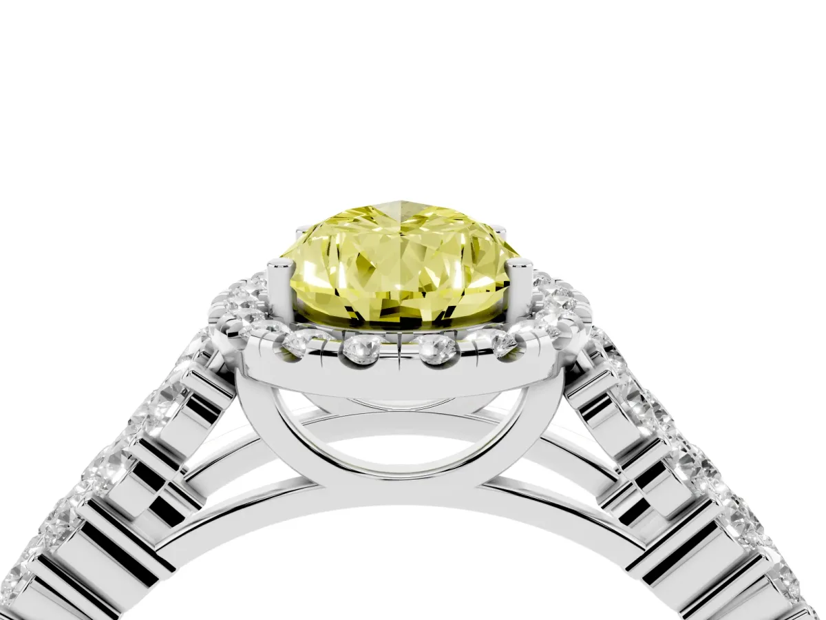 Fancy Yellow Pear Cut Diamond Halo Engagement Ring with Triple Row Round Pavé Band and Prong Setting Silver
