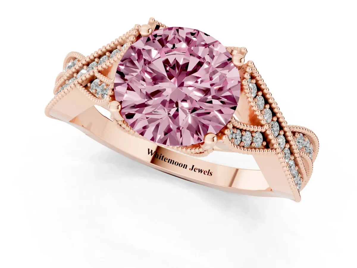 Fancy Pink Round Cut Cut Diamond Twisted Band with Milgrain Pave Setting and Four-Prong Setting Rose gold