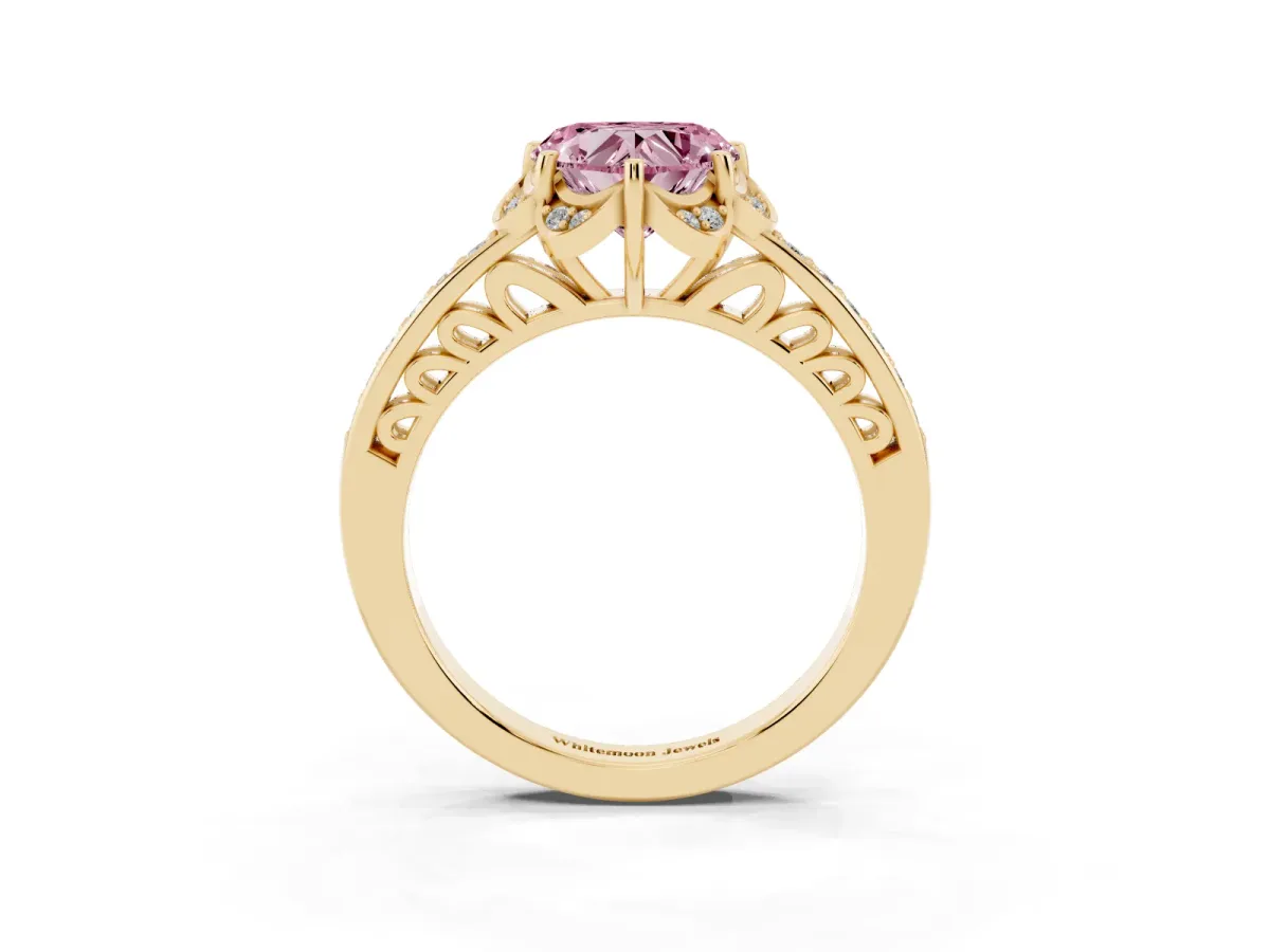 Fancy Pink Heart Cut Cut Halo Diamond Ring with Channel Set Band and Four-Prong Setting Yellow gold