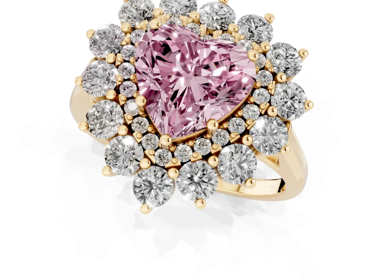 Fancy Pink Heart Cut Diamond Floral Double Halo Engagement Ring with Prong Setting Yellow gold