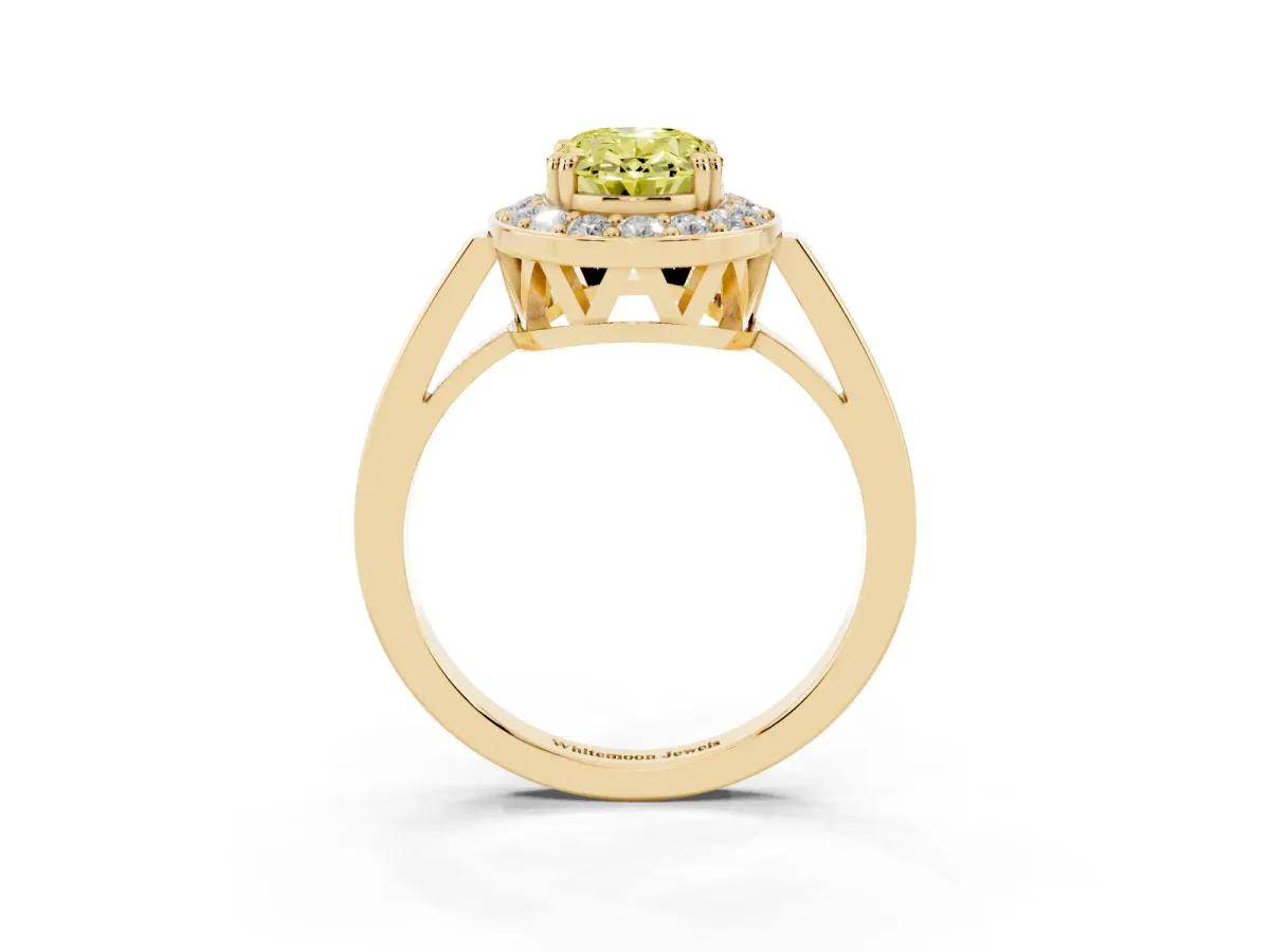 Fancy Yellow Oval Cut Diamond Halo Ring with Split Shank and Four-Prong Setting Yellow gold