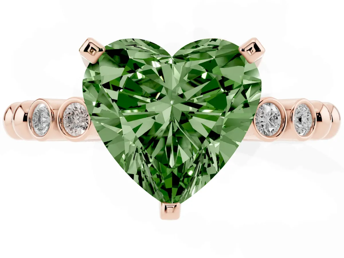 Fancy Green Heart Cut Solitaire Bezel Accent Diamond Engagement Ring with Beaded Band and Four-Prong Setting Rose gold
