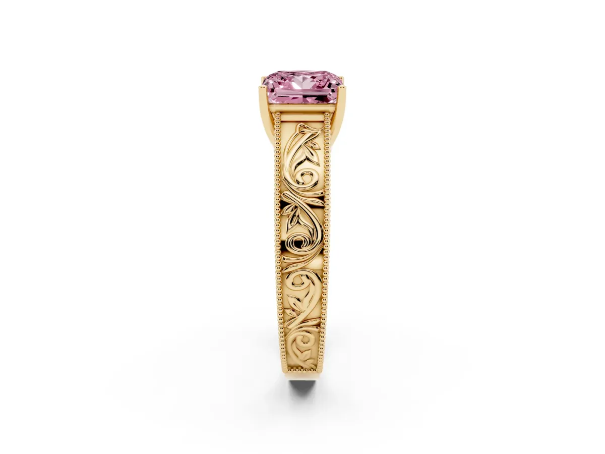 Fancy Pink Princess Cut Diamond Solitaire Ring with Engraved Band and Four-Prong Setting Yellow gold