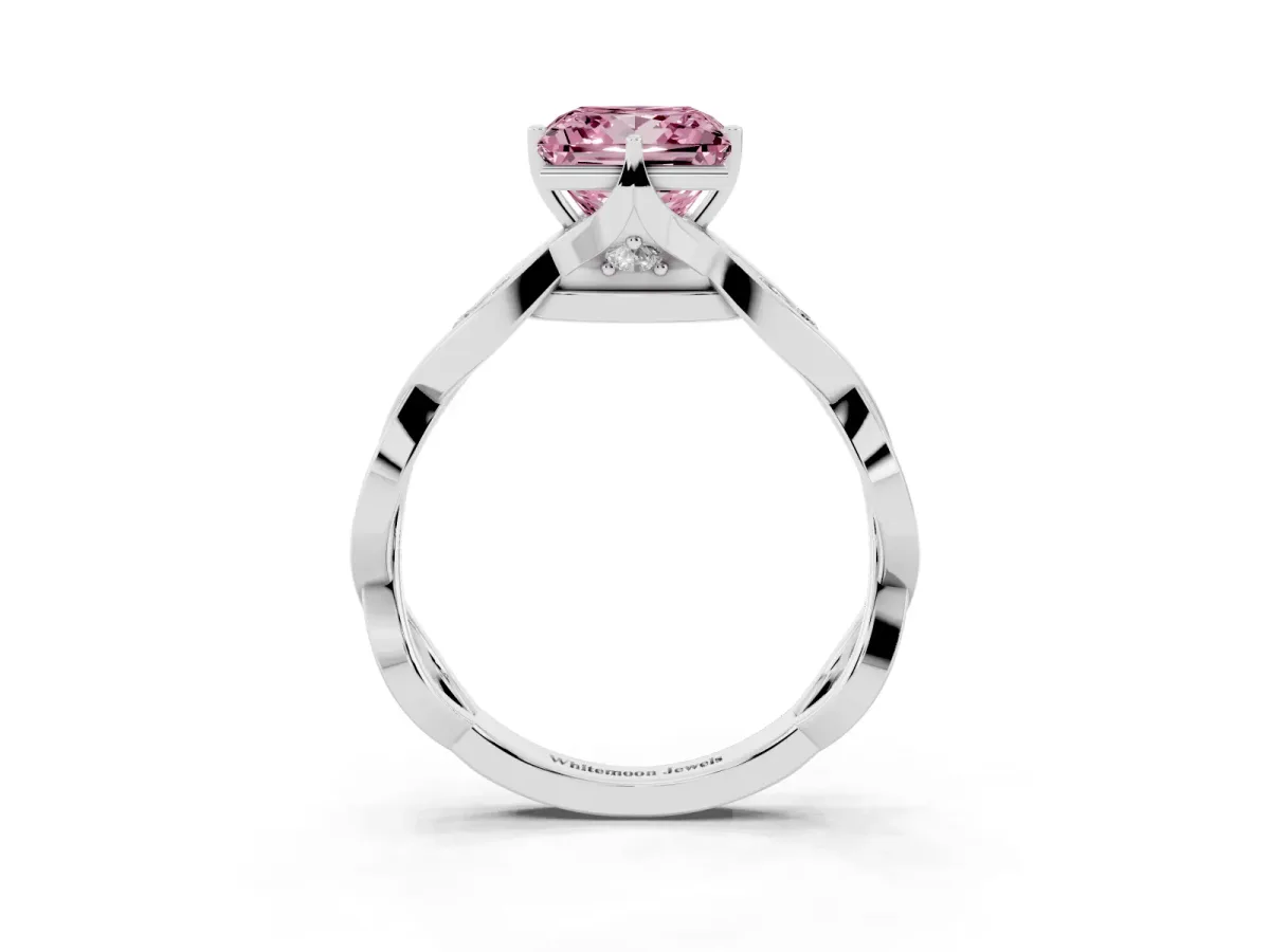 Fancy Pink Princess Cut Solitaire Twist Band with Leaf Prong Setting Silver