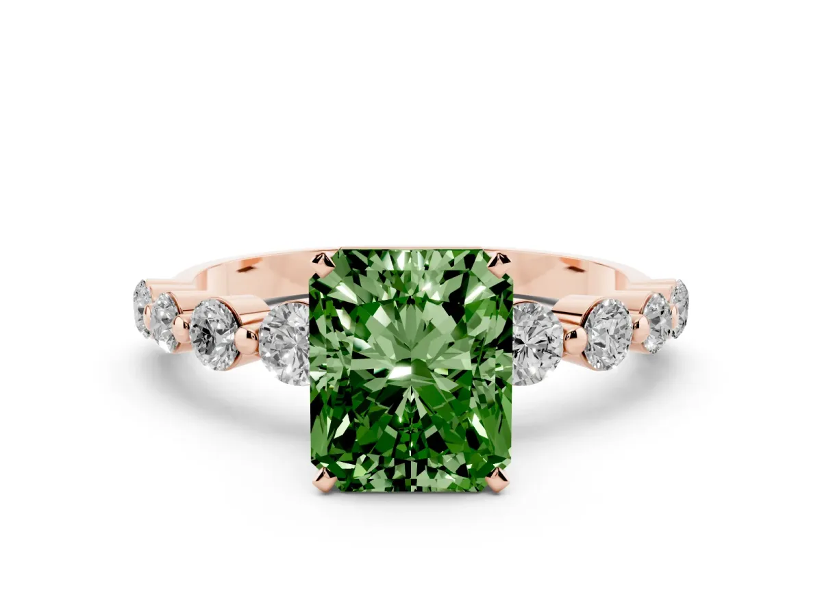 Fancy Green Radiant Cut Solitaire Diamond Ring with Pave Band and Four-Prong Setting Rose gold
