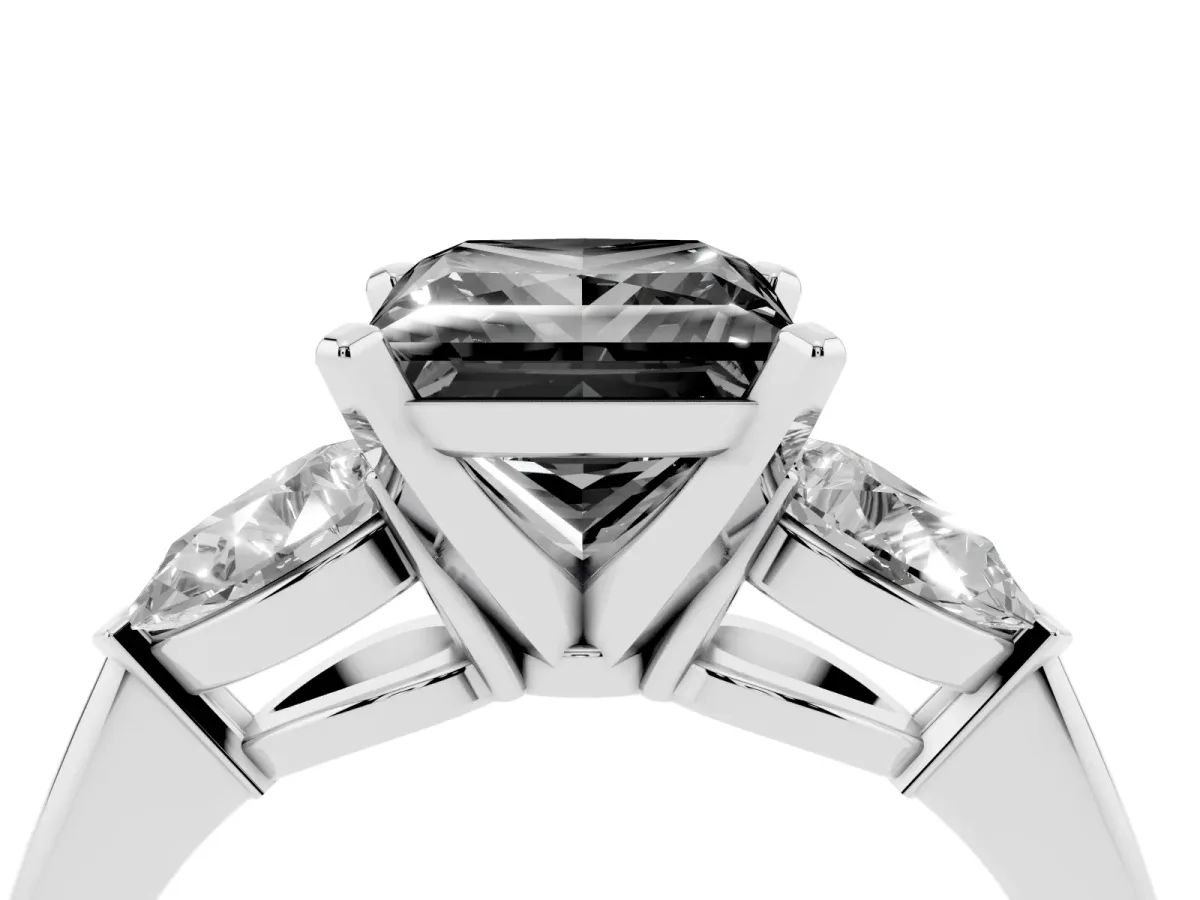 Fancy Black Three-Stone Princess Cut Diamond Ring with Pear Side Stones and Four-Prong Setting Silver