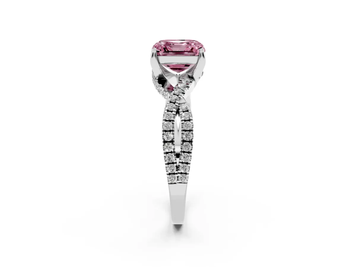 Fancy Pink Asscher Cut Solitaire Twist Pave Diamond Engagement Ring with Prong Setting Silver