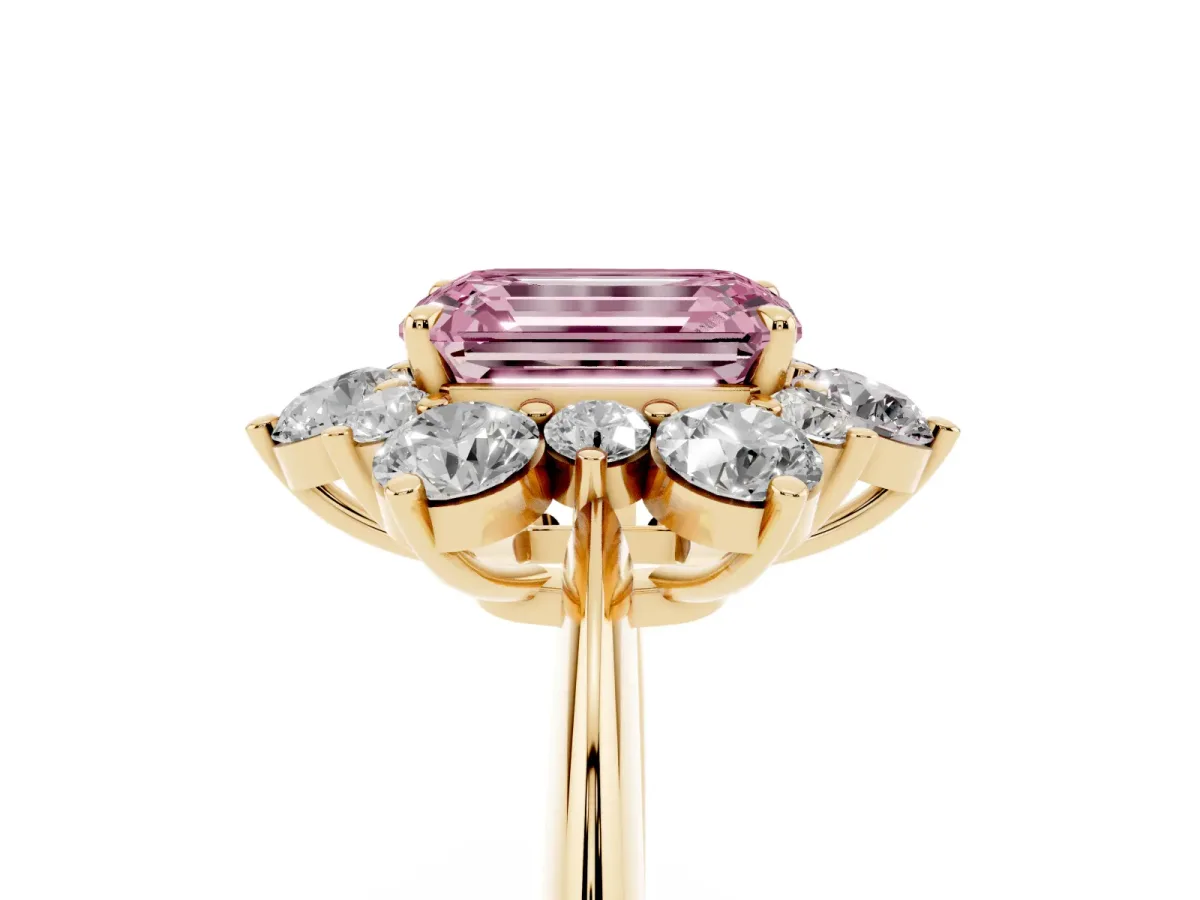 Fancy Pink Emerald Cut Diamond Cluster Halo Ring with Solitaire Band and Four-Prong Setting Yellow gold