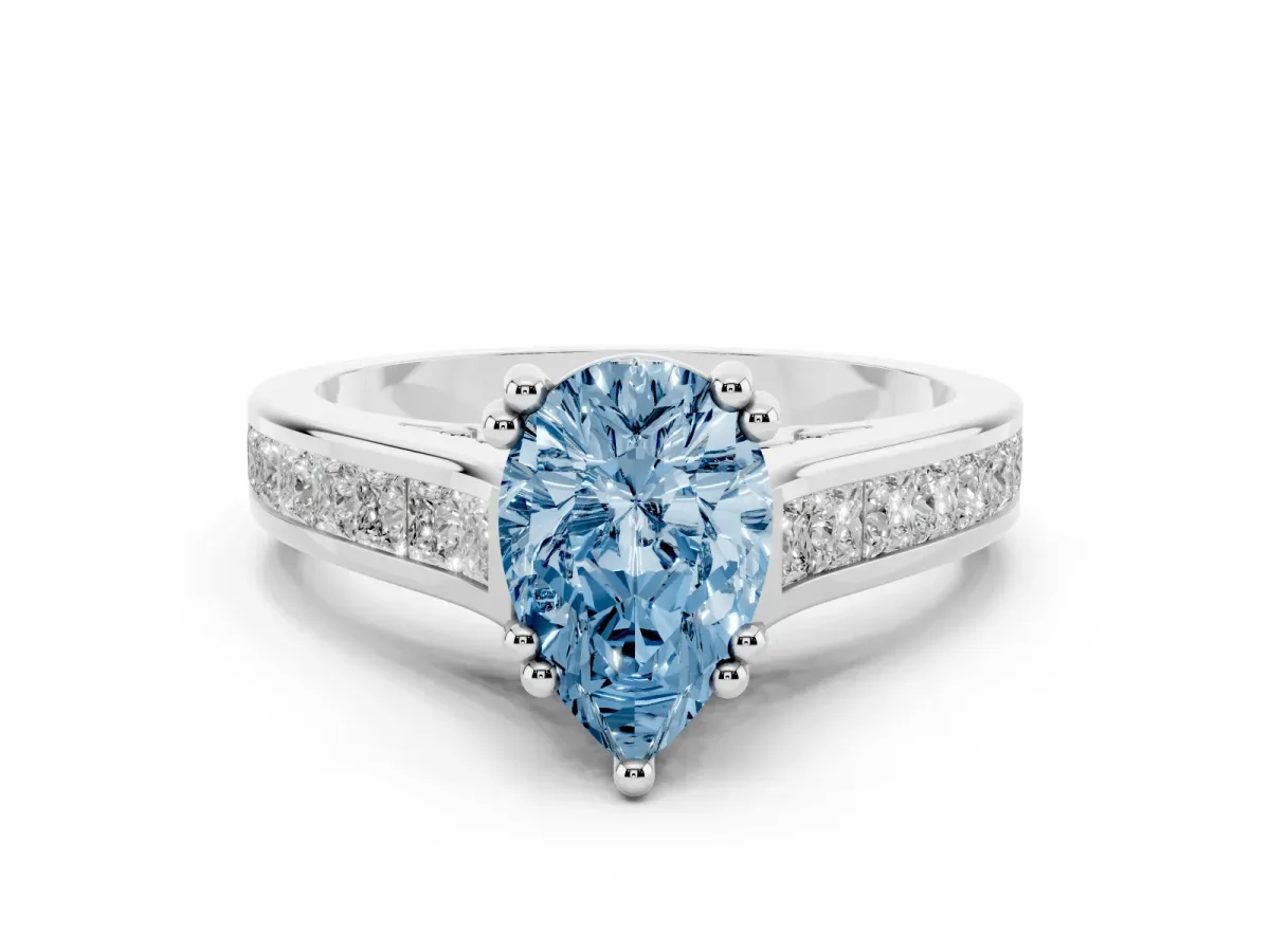 Fancy Blue Pear Cut Cut Channel Set Solitaire Engagement Ring with Prong Setting Silver