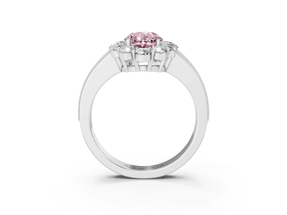 Fancy Pink Oval Cut Cut Halo Diamond Pavé Engagement Ring with Milgrain Detailing Platinum