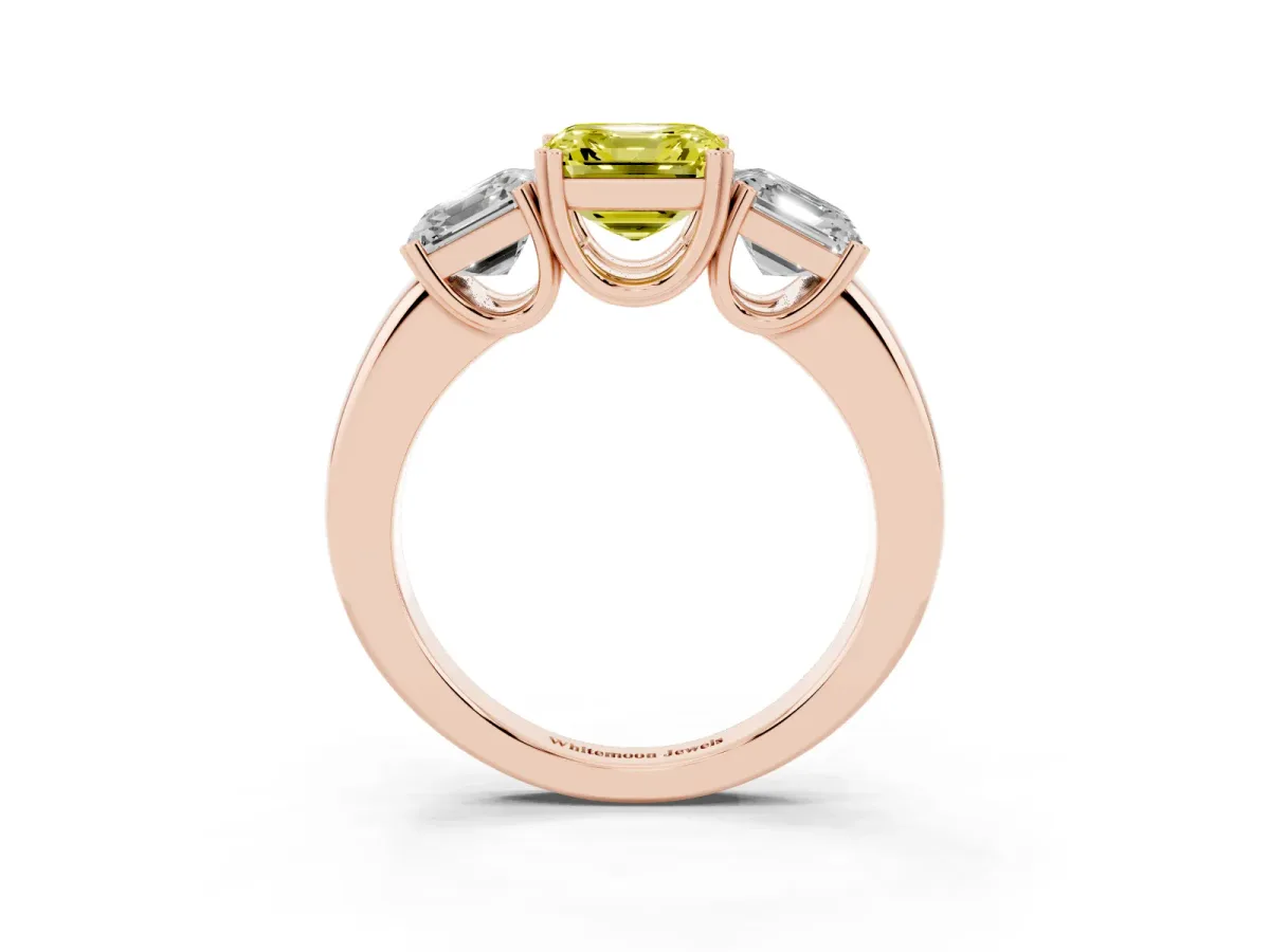 Fancy Yellow Three-Stone Asscher Cut Cut Diamond Ring with Channel Set Band and Four-Prong Setting Rose gold