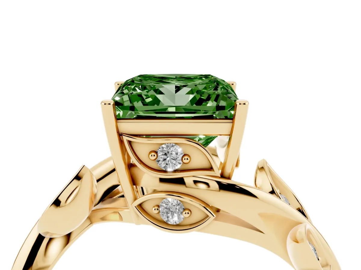 Fancy Green Princess Cut Solitaire Twist Engagement Ring with Leaf Accents and Prong Setting Yellow gold