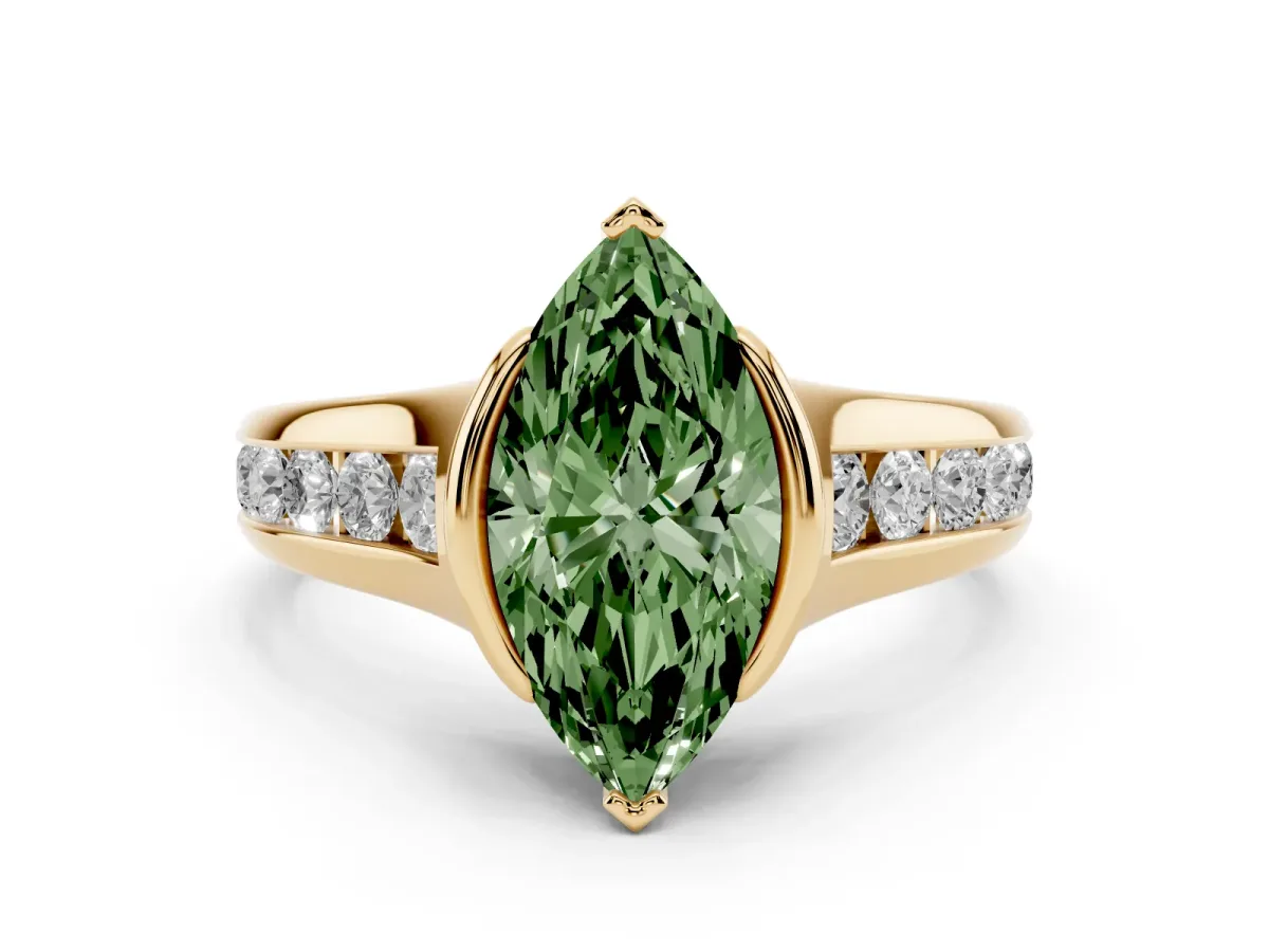 Fancy Green Marquise Cut Solitaire Bezel-Set Diamond Ring with Channel-Set Band Yellow gold