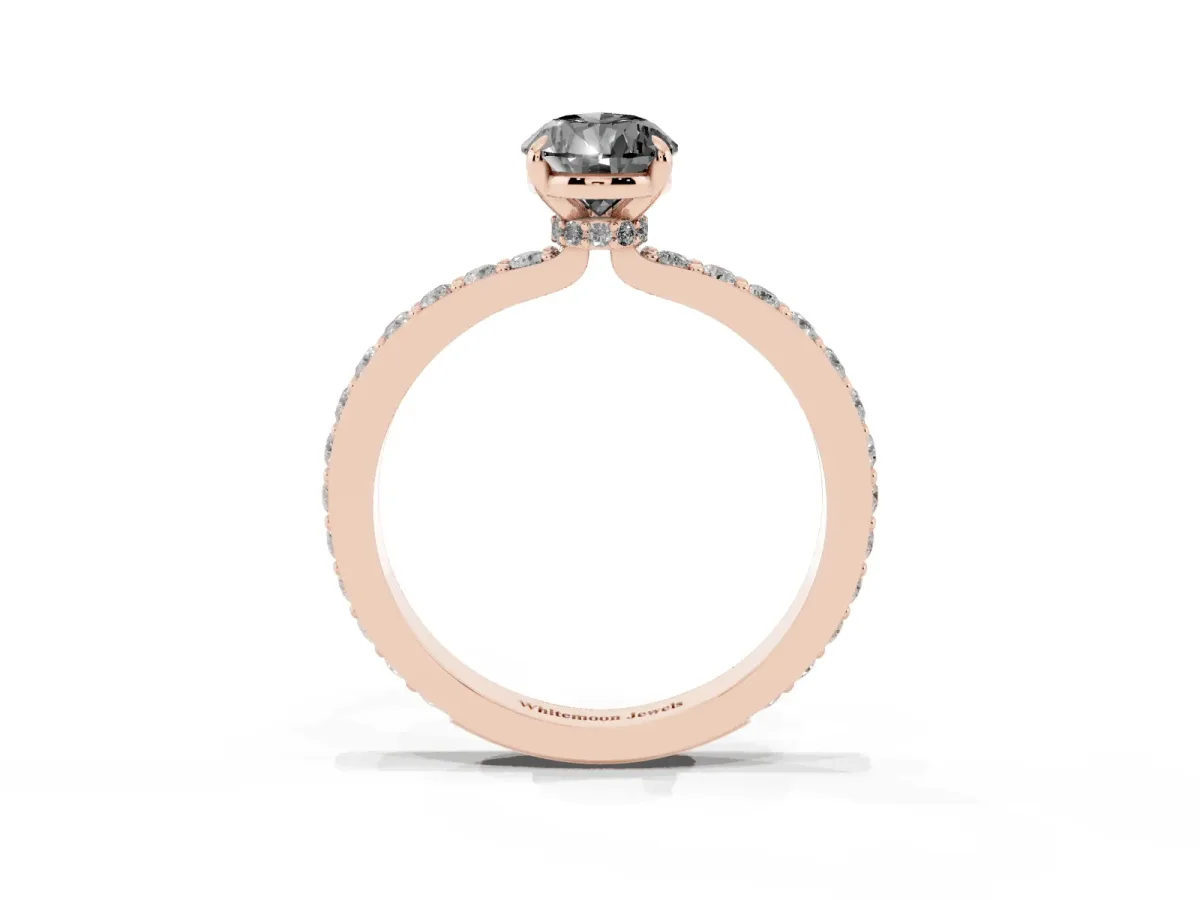Fancy Black Pear Cut Diamond Pavé Engagement Ring with Round Accents and Prong Setting Rose gold