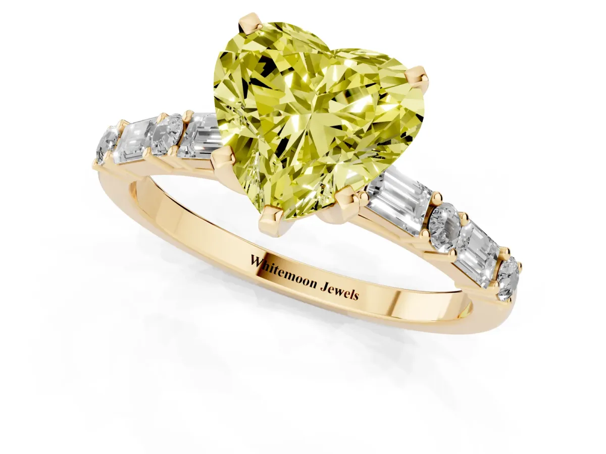 Fancy Yellow Heart Cut Diamond Solitaire with Side Baguettes and Channel Set Band Yellow gold