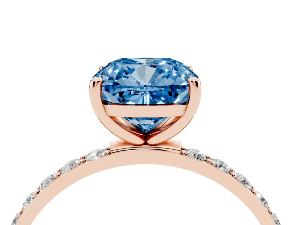 Fancy Blue Cushion Cut Diamond Solitaire Ring with Round Pavé Shoulders and Prong Setting Rose gold