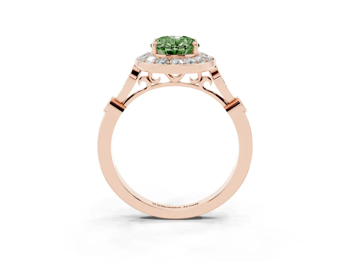 Fancy Green Oval Cut Halo Diamond Engagement Ring with Twisted Band and Four-Prong Setting Rose gold
