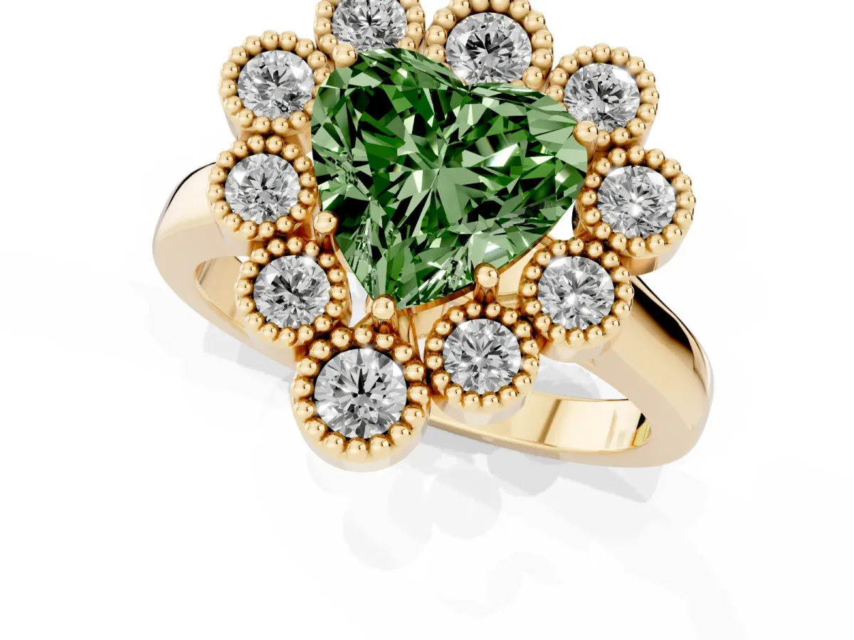Fancy Green Heart Cut Halo Diamond Cluster Engagement Ring with Milgrain Bezel Setting and Solitaire Band Yellow gold