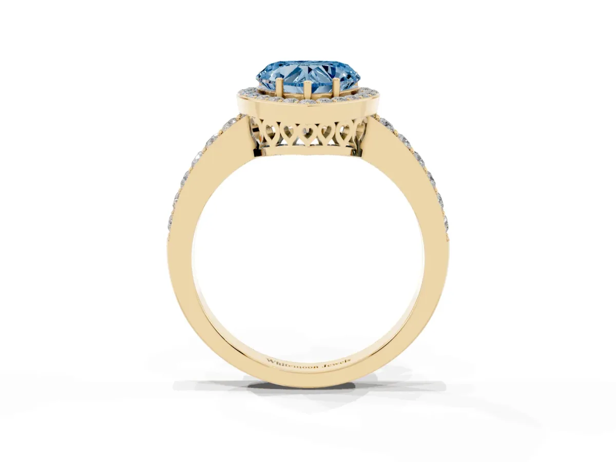 Fancy Blue Heart Cut Halo Diamond Pavé Band Ring with Prong Setting Yellow gold