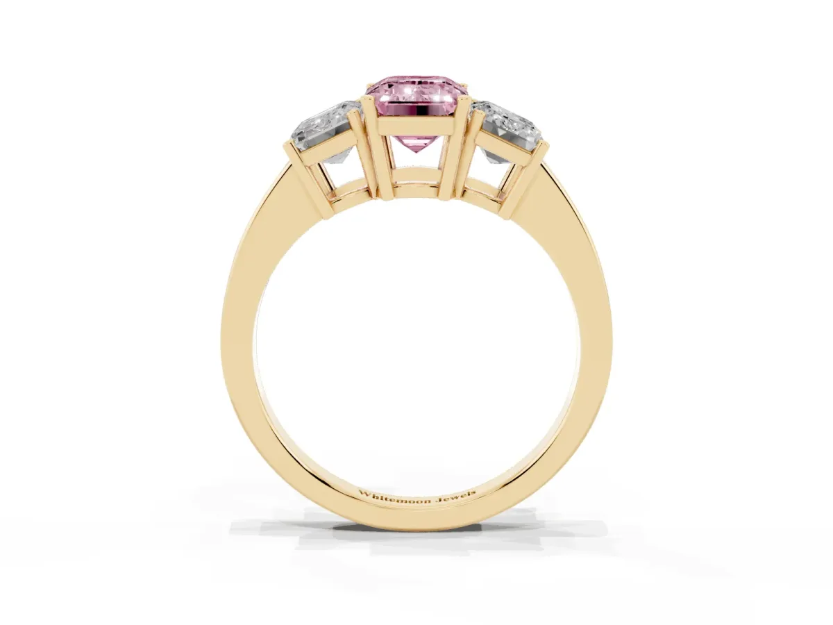 Fancy Pink Three-Stone Emerald Cut Cut Diamond Engagement Ring with Flat Band and Four-Prong Setting Yellow gold