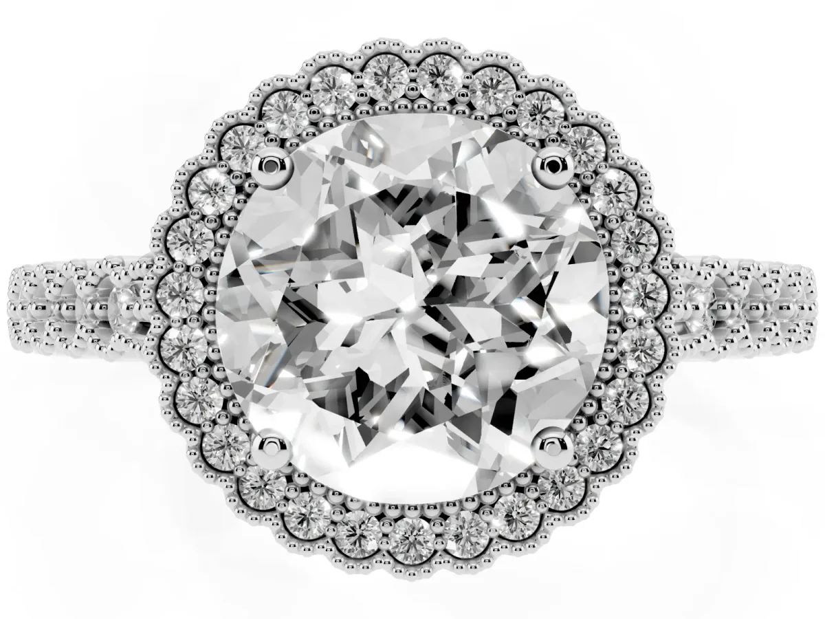 Round Cut Cut Halo Pavé Solitaire Ring with Milgrain Band Silver