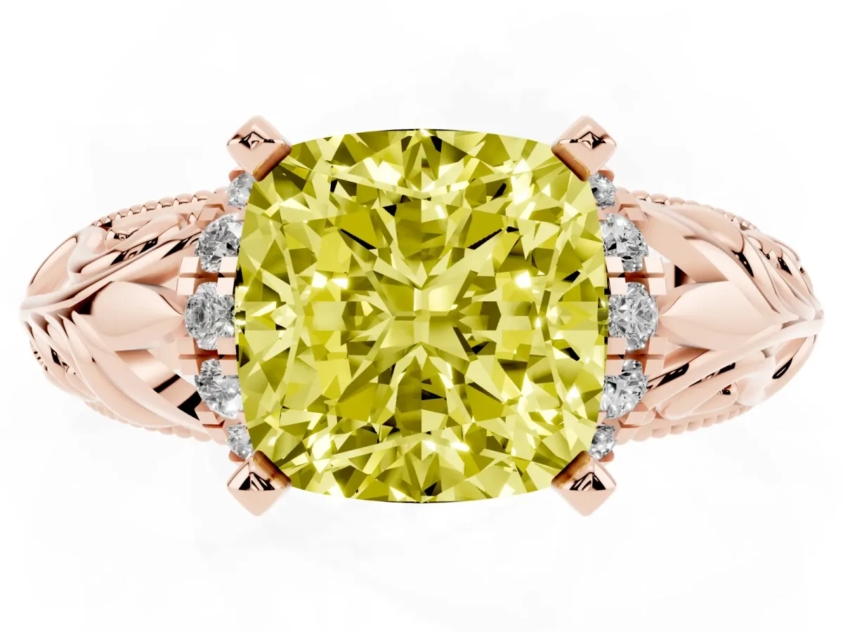 Fancy Yellow Cushion Cut Solitaire Filigree Engagement Ring with Halo and Prong Setting Rose gold