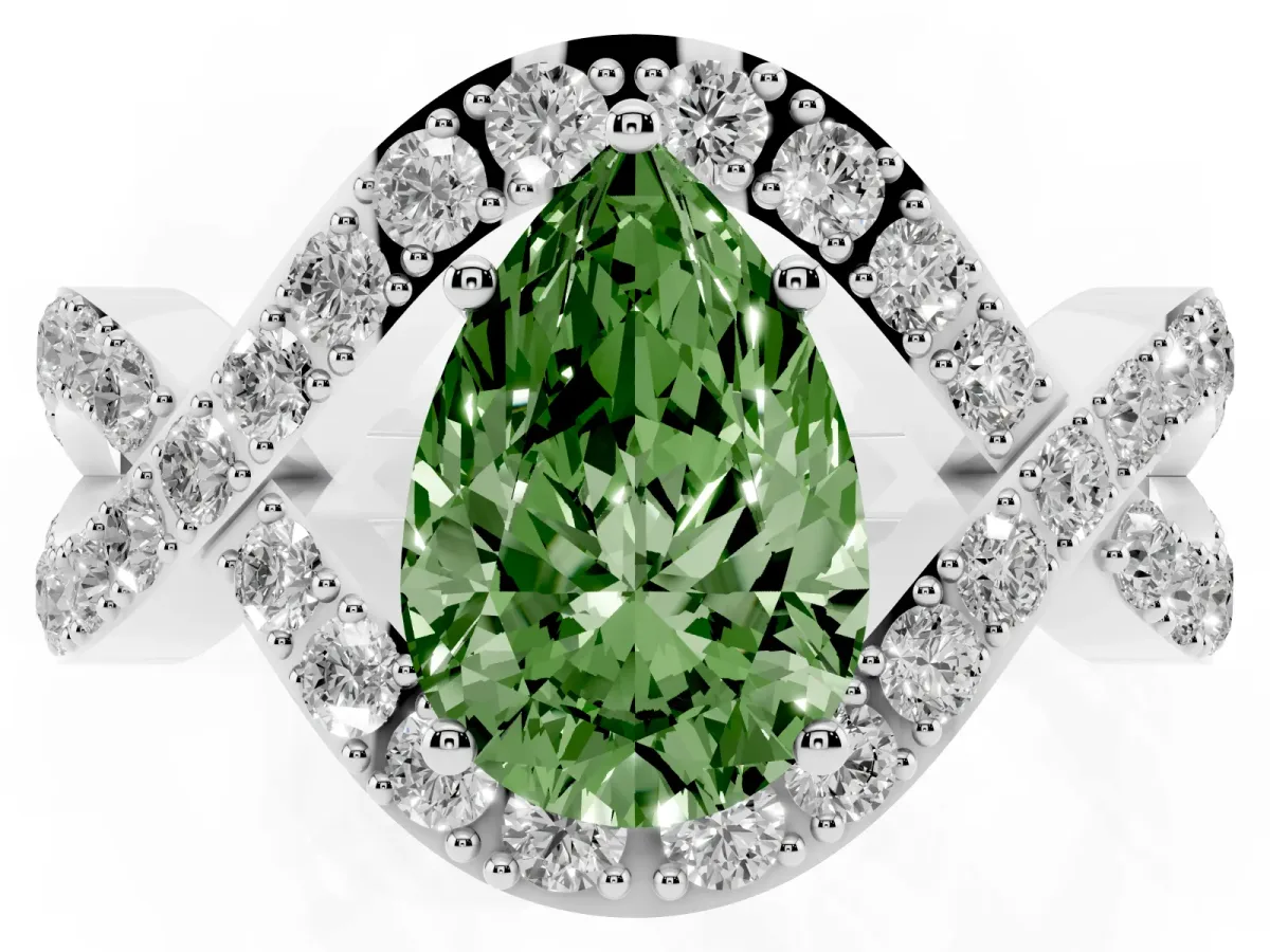 Fancy Green Pear Cut Solitaire Twist Band Pavé Diamond Engagement Ring Silver