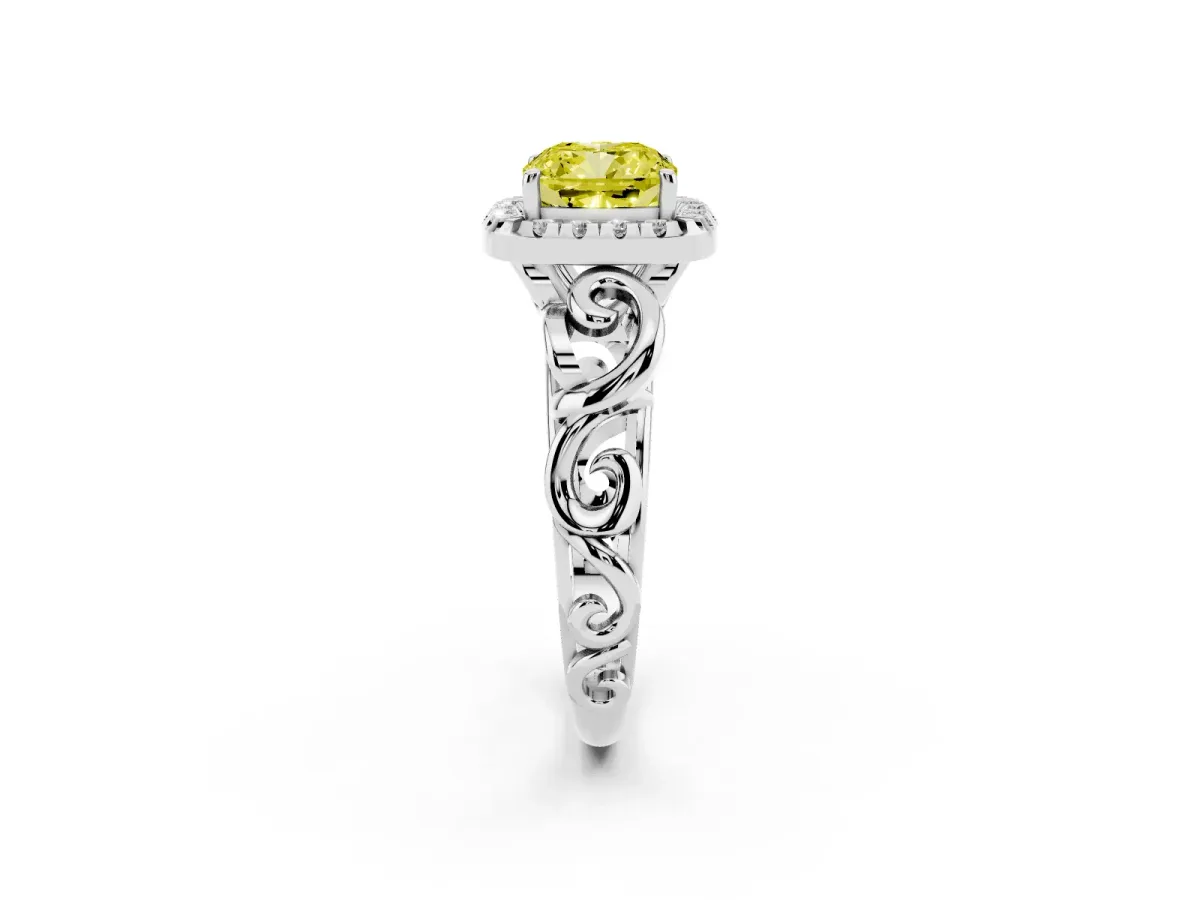 Fancy Yellow Cushion Cut Cut Halo Diamond Ring with Scrollwork Band and Four-Prong Setting Silver