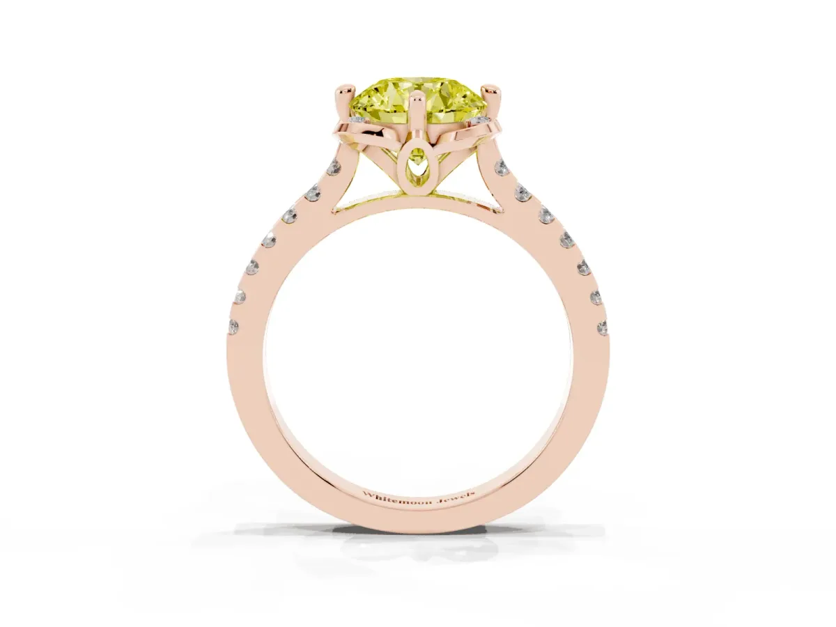 Fancy Yellow Round Cut Diamond Ring with Pavé Band and Floral Prong Setting Rose gold