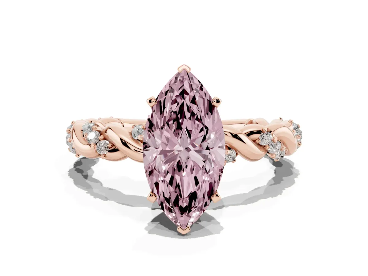 Fancy Pink Marquise Cut Diamond Solitaire Ring with Twisted Band and Pavé Accents Rose gold