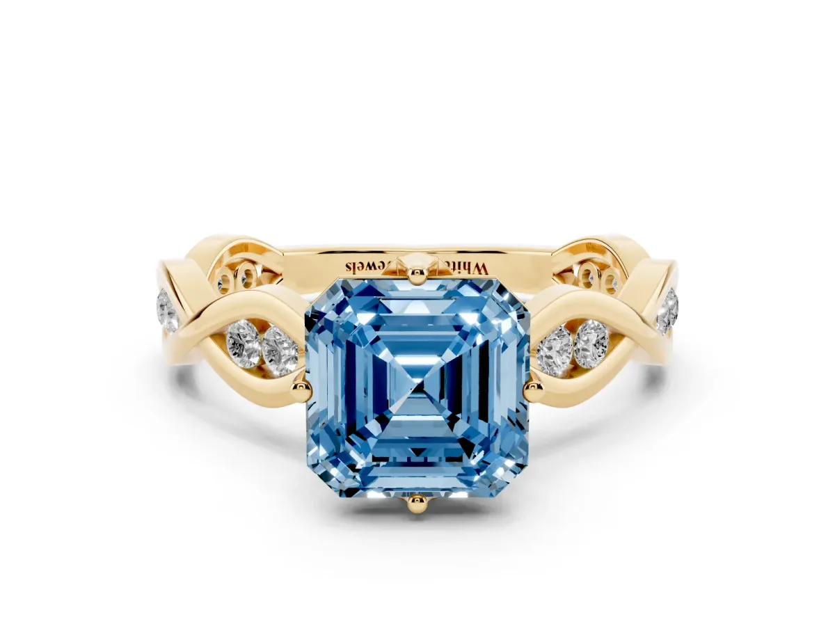 Fancy Blue Asscher Cut Solitaire Twist Band with Leaf Prong Setting Yellow gold
