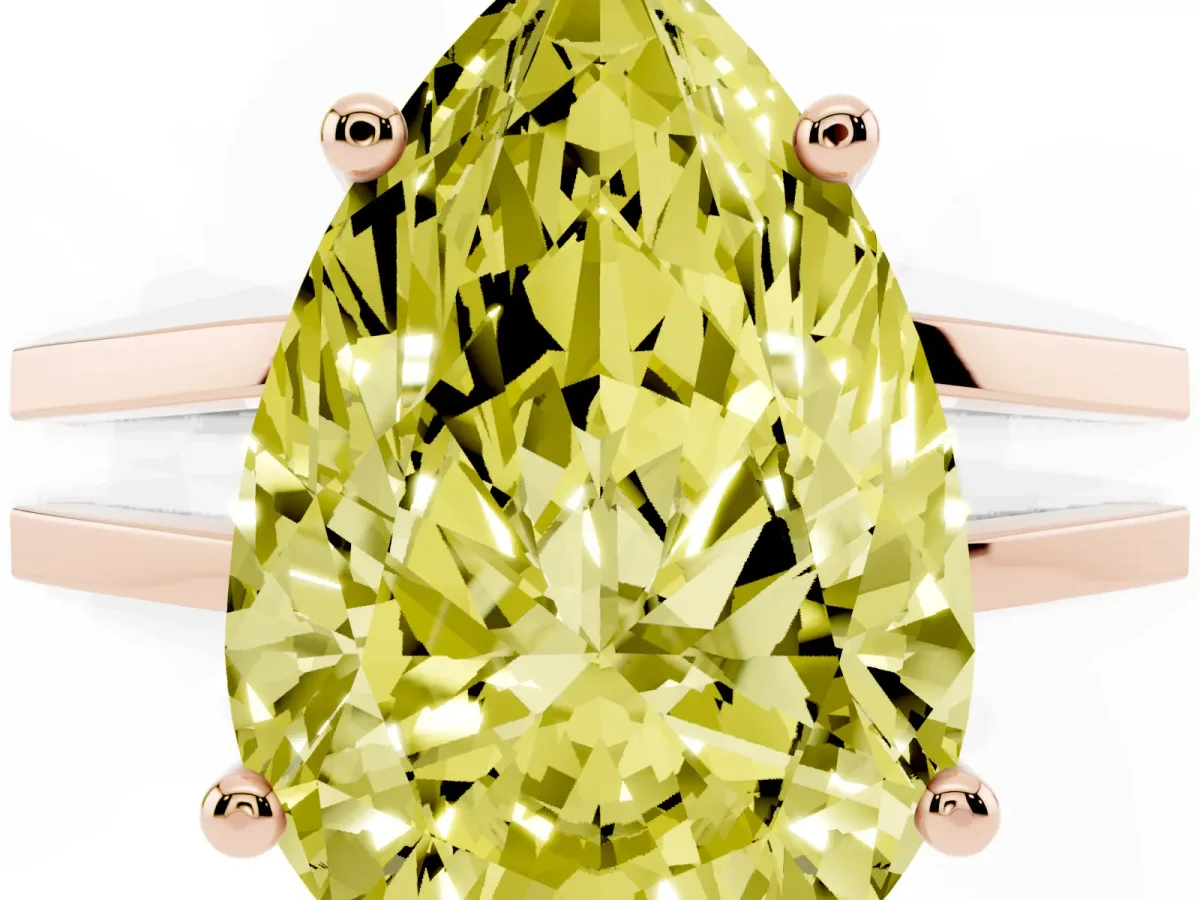 Fancy Yellow Pear Cut Cut Diamond Solitaire Engagement Ring with Tapered Plain Band and Four-Prong Setting Rose gold