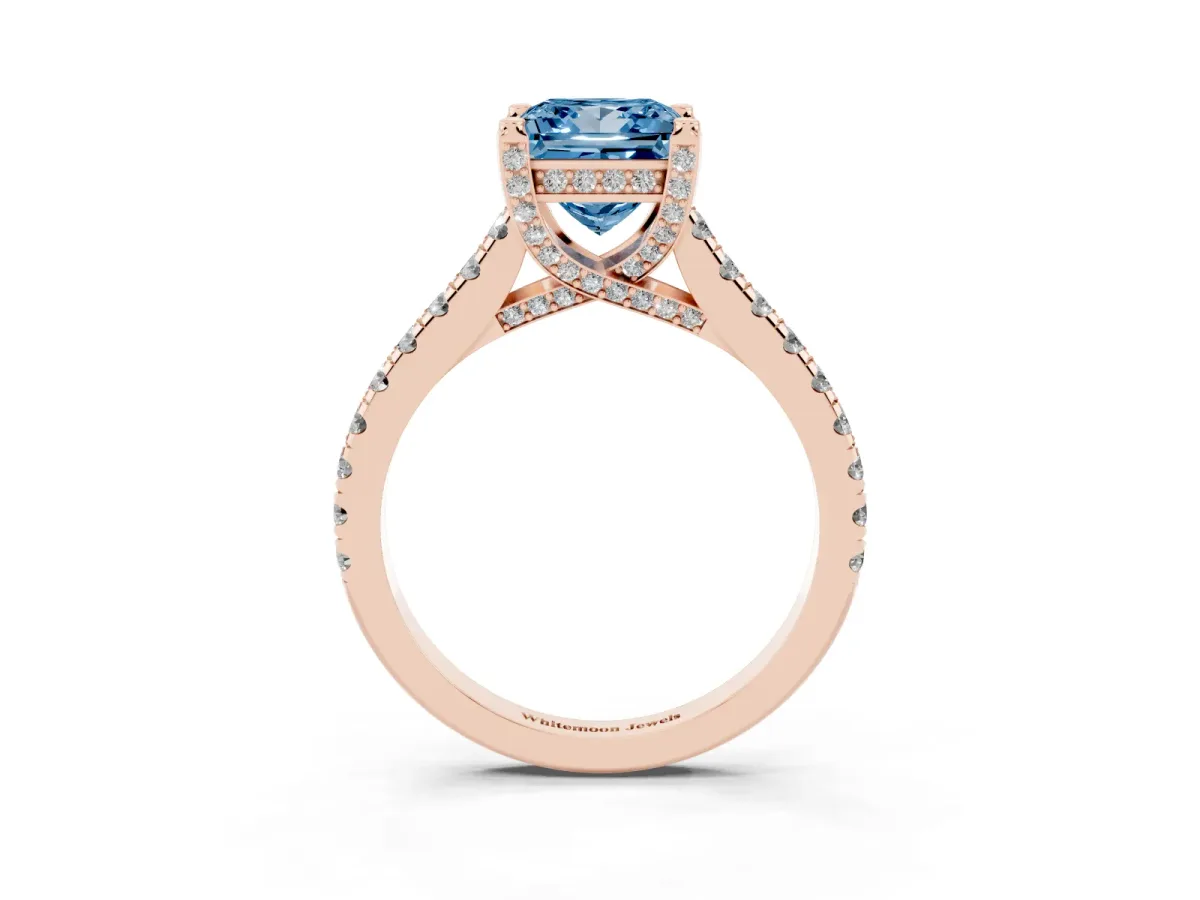 Fancy Blue Princess Cut Brilliant Diamond Solitaire with Pavé Band and Four-Prong Setting Rose gold