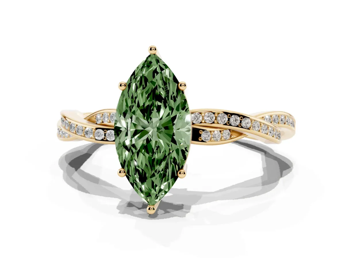 Fancy Green Marquise Cut Solitaire Twisted Pave Diamond Ring with Four-Prong Setting Yellow gold