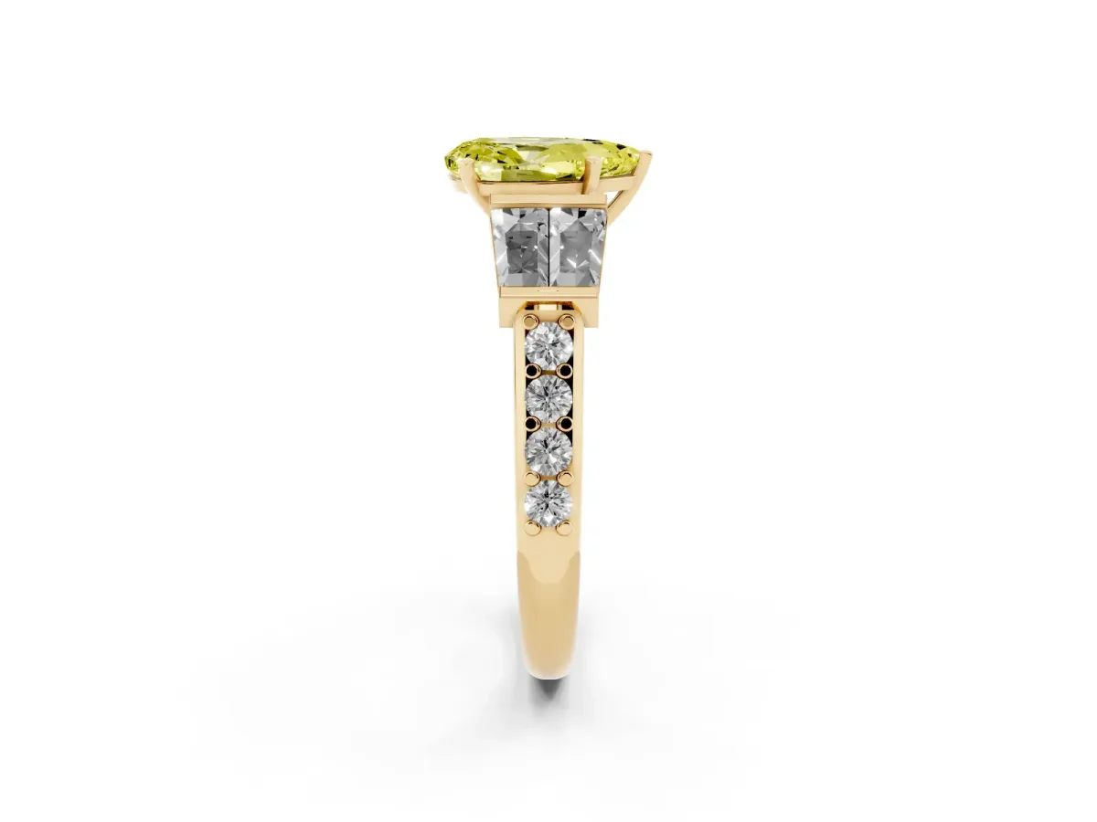 Fancy Yellow Pear Cut Diamond Engagement Ring with Baguette Side Stones and Channel Set Band Yellow gold