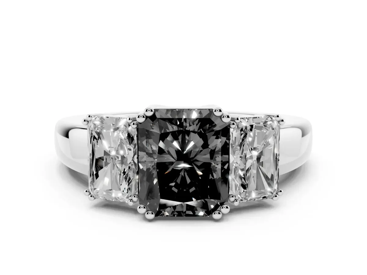Fancy Black Three-Stone Radiant Cut Cut Diamond Ring with Channel Set Band and Four-Prong Setting Silver