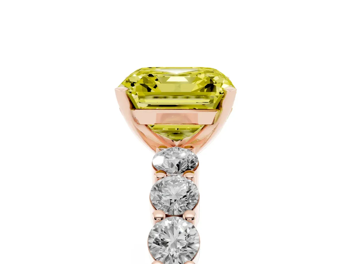 Fancy Yellow Asscher Cut Diamond Solitaire Ring with Shared Prong Round Side Stones Rose gold