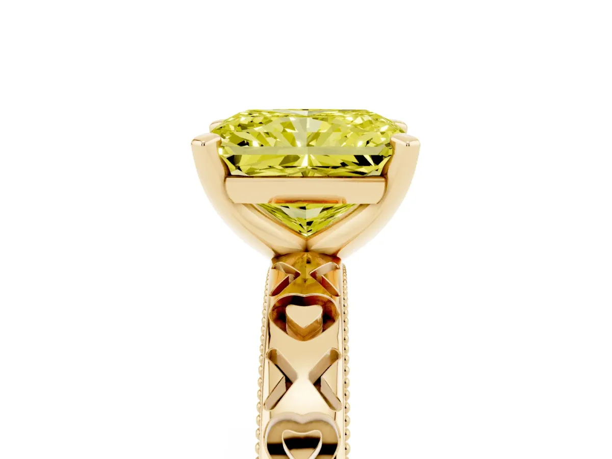 Fancy Yellow Radiant Cut Solitaire Diamond Engagement Ring with XO Engraved Band and Four-Prong Setting Yellow gold
