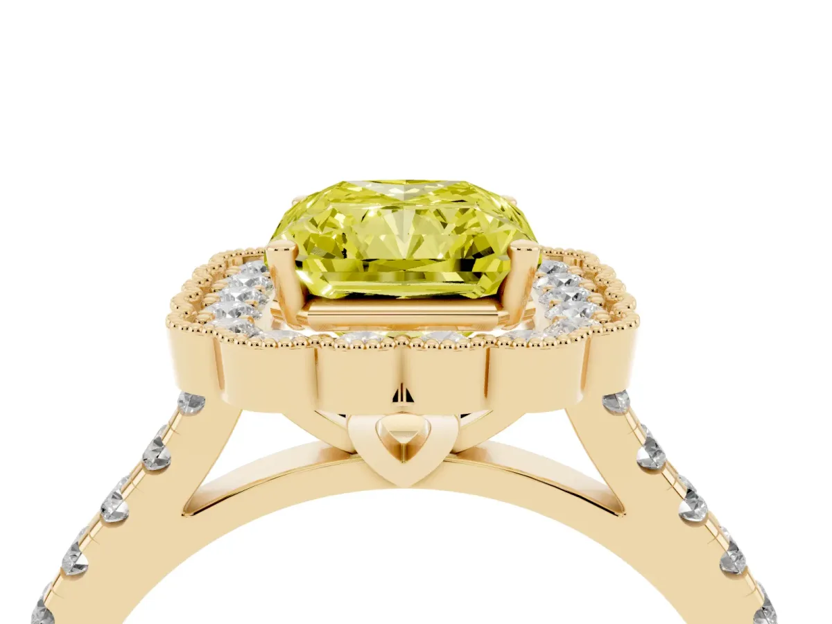 Fancy Yellow Radiant Cut Cut Diamond Milgrain Floral Halo Engagement Ring with Pavé Band Yellow gold