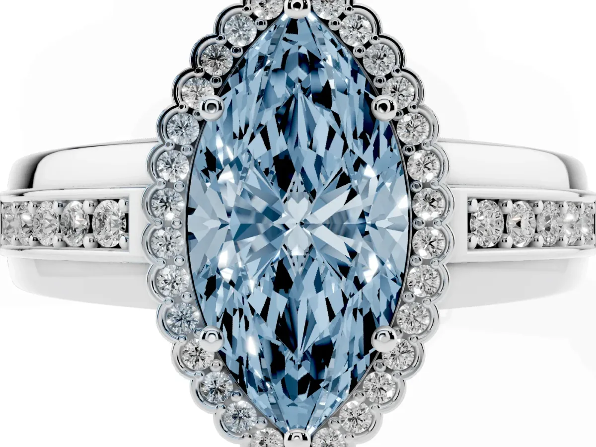 Fancy Blue Marquise Cut Cut Halo Pave Band Four-Prong Ring Silver
