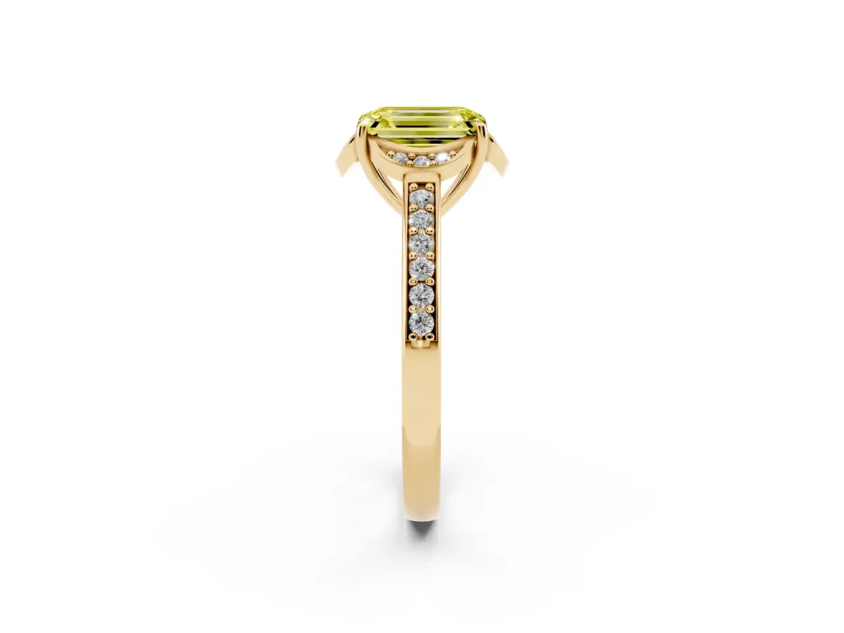 Fancy Yellow Emerald Cut Cut Halo Diamond Ring with Channel Set Band and Four-Prong Setting Yellow gold