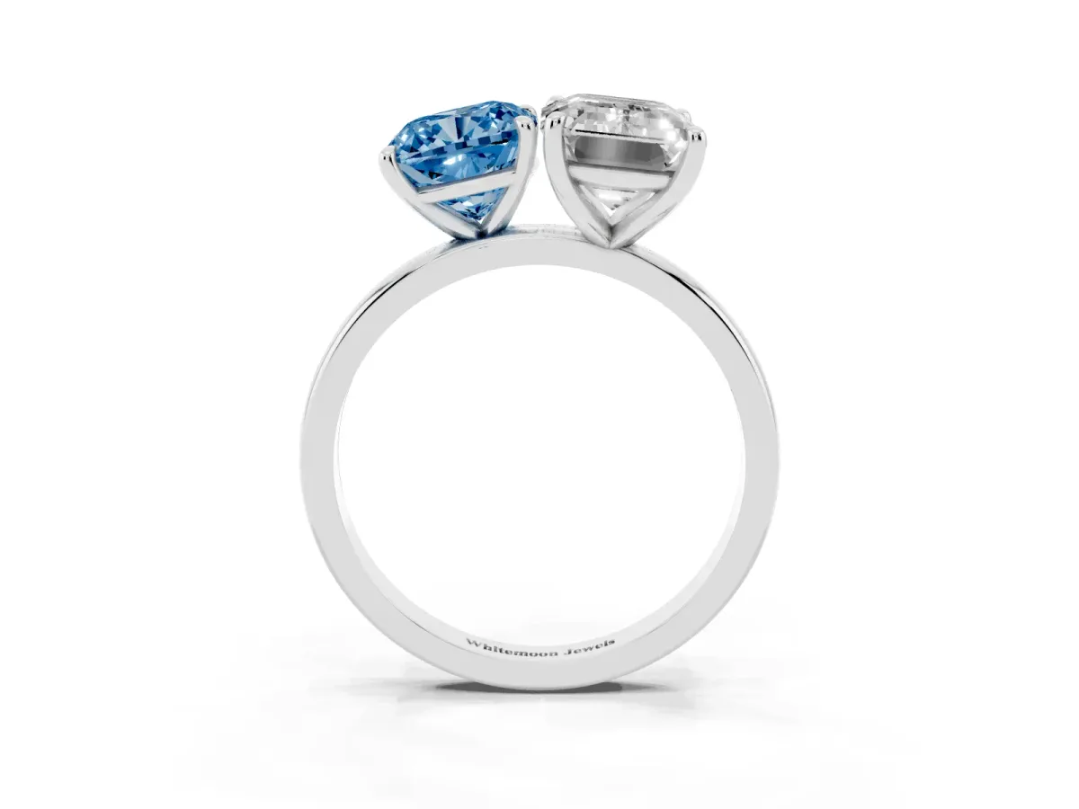 Fancy Blue Cushion Cut and Emerald Cut Toi Moi Ring with Prong Setting Platinum