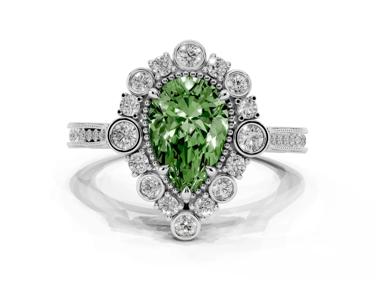 Fancy Green Pear Cut Halo Milgrain Pave Diamond Ring with Four-Prong Setting Silver