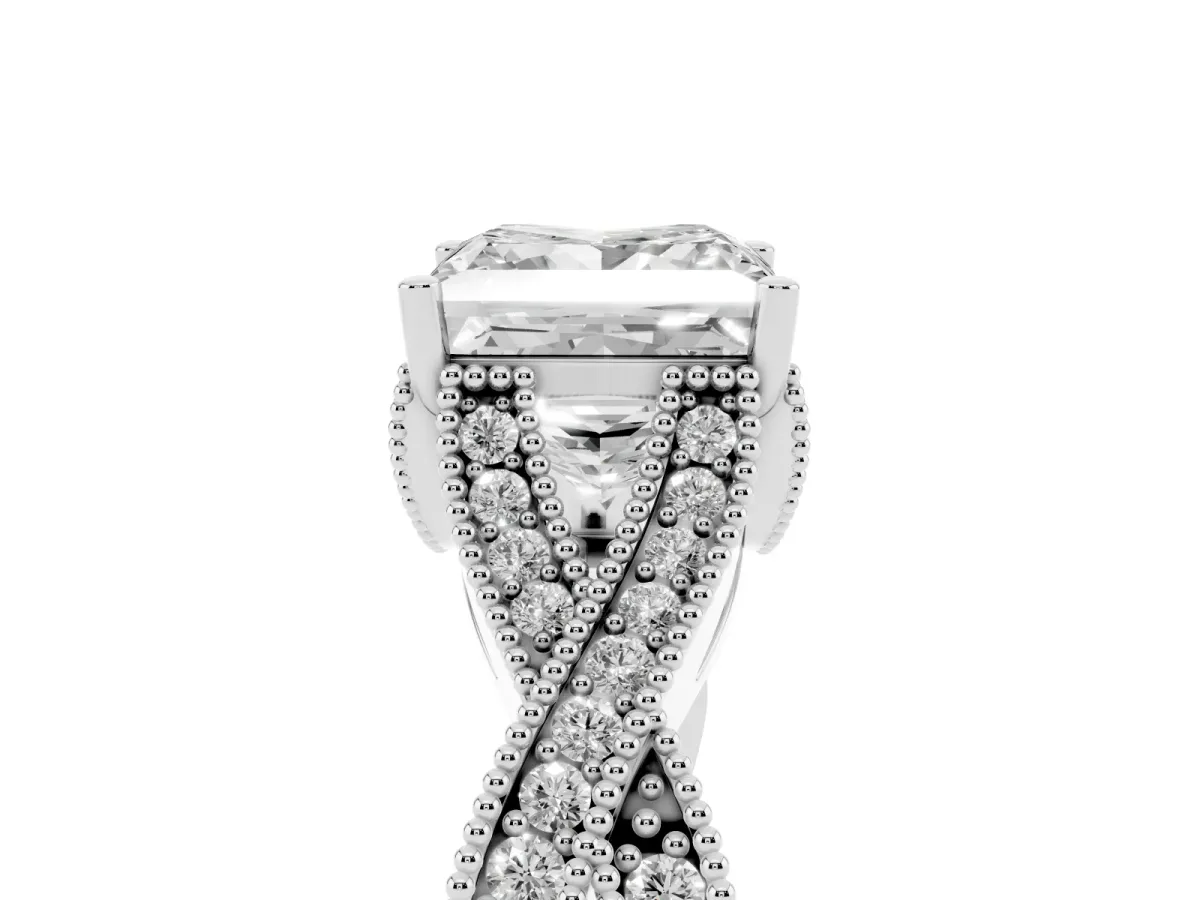 Princess Cut Cut Diamond Twisted Band with Milgrain Pave Setting and Four-Prong Setting Silver